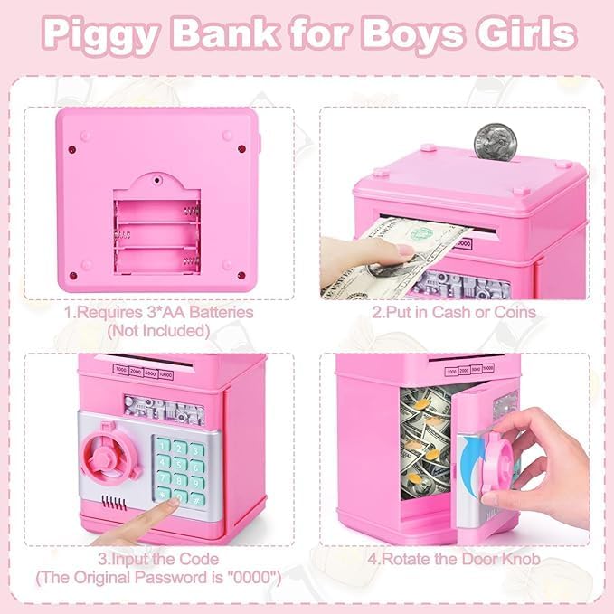 Highttoy Money Box for Girls Age 3-12, Password Money Safe for Girls Piggy Bank for Kids ATM Money Bank Electronic Cash Coin Saving Box Kids Safe Birthday Party Favors for Girls Pink