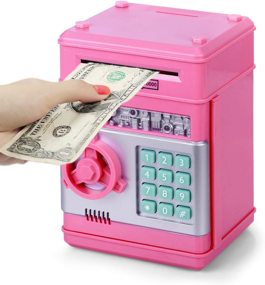 Highttoy Money Box for Girls Age 3-12, Password Money Safe for Girls Piggy Bank for Kids ATM Money Bank Electronic Cash Coin Saving Box Kids Safe Birthday Party Favors for Girls Pink