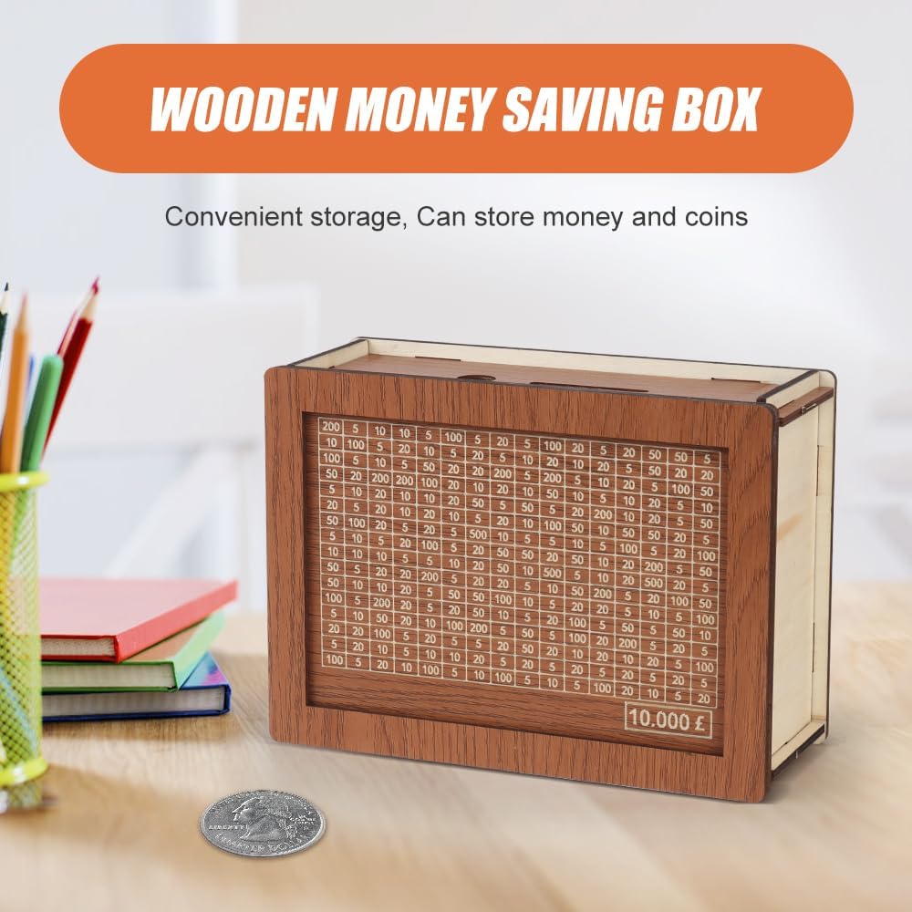 Wooden Money Box with Counter for Savings Goal - 10,000 £
