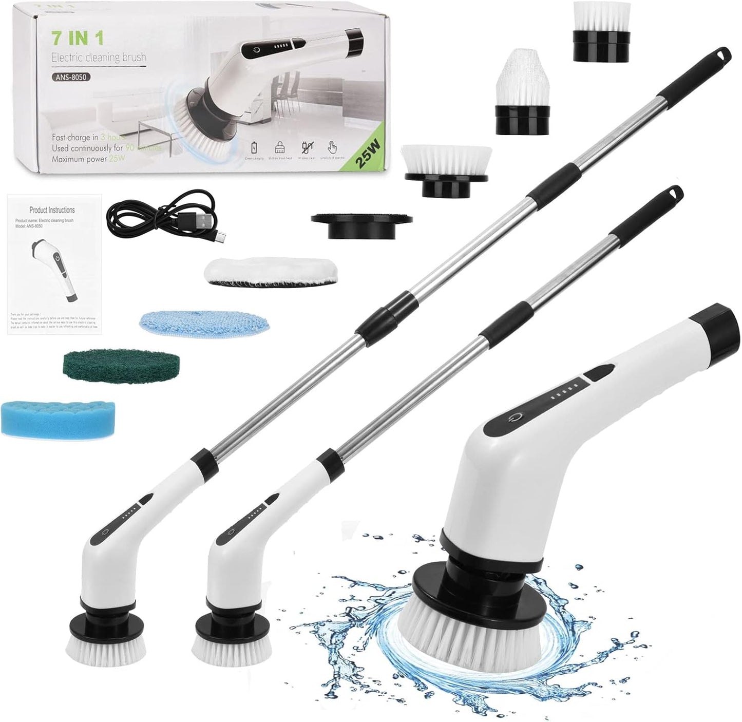 LCD-7-in-1 Electric Spin Scrubber - Cordless Power Cleaning Brush Set