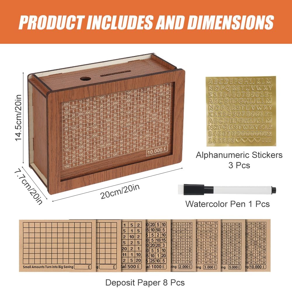 Wooden Money Box with Counter for Savings Goal - 10,000 £