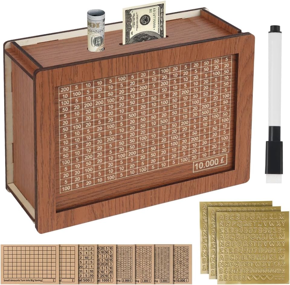 Wooden Money Box with Counter for Savings Goal - 10,000 £