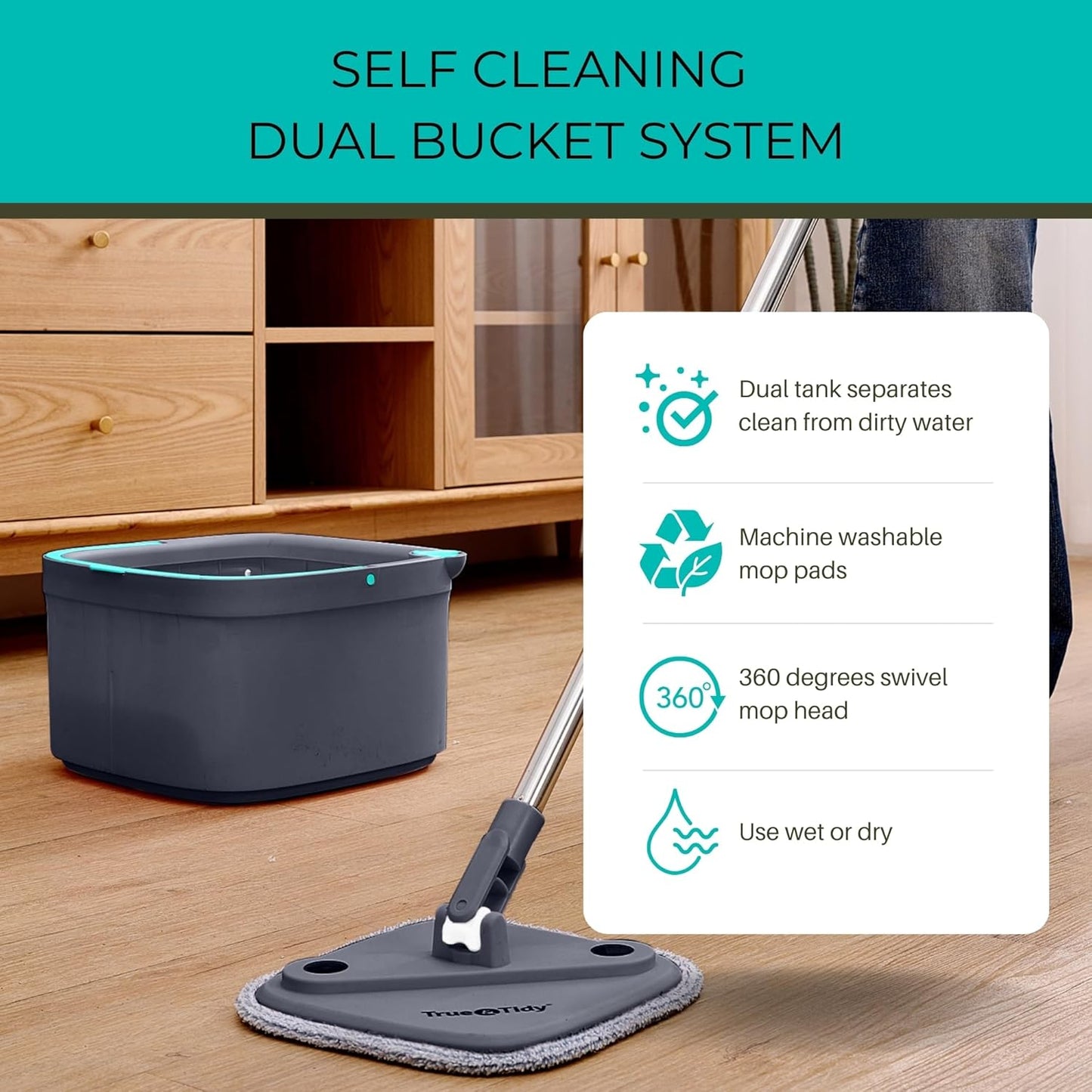 Self-Wringing Flat Mop & Bucket Set – 360° Rotating Head, Hands-Free Cleaning System