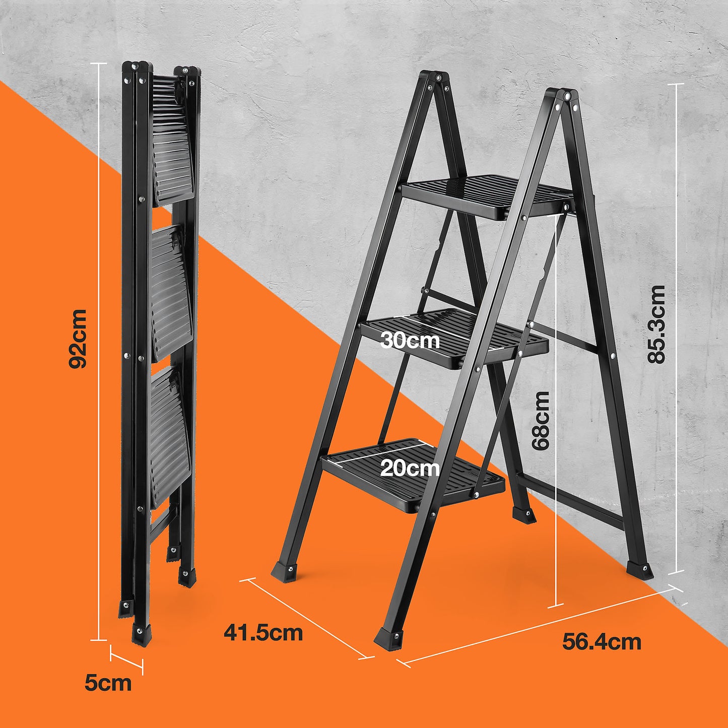 Slim Folding 3-Step Ladder with Anti-Slip Features