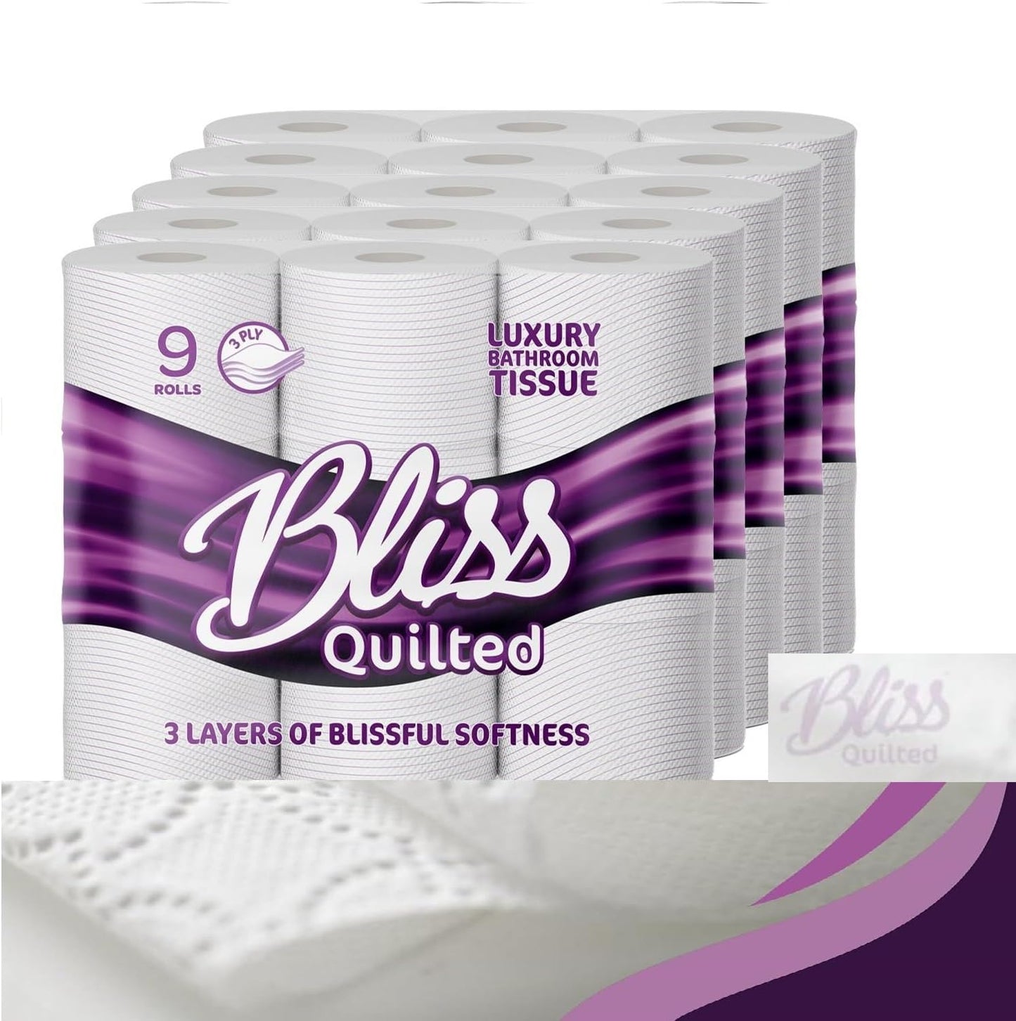 Bliss Quilted 3-Ply Luxury Bathroom Tissue - 9 Rolls