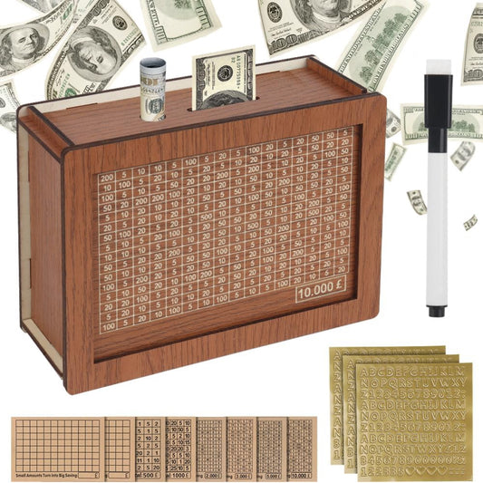 Wooden Money Box with Counter for Savings Goal - 10,000 £