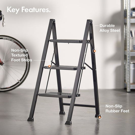 Slim Folding 3-Step Ladder with Anti-Slip Features
